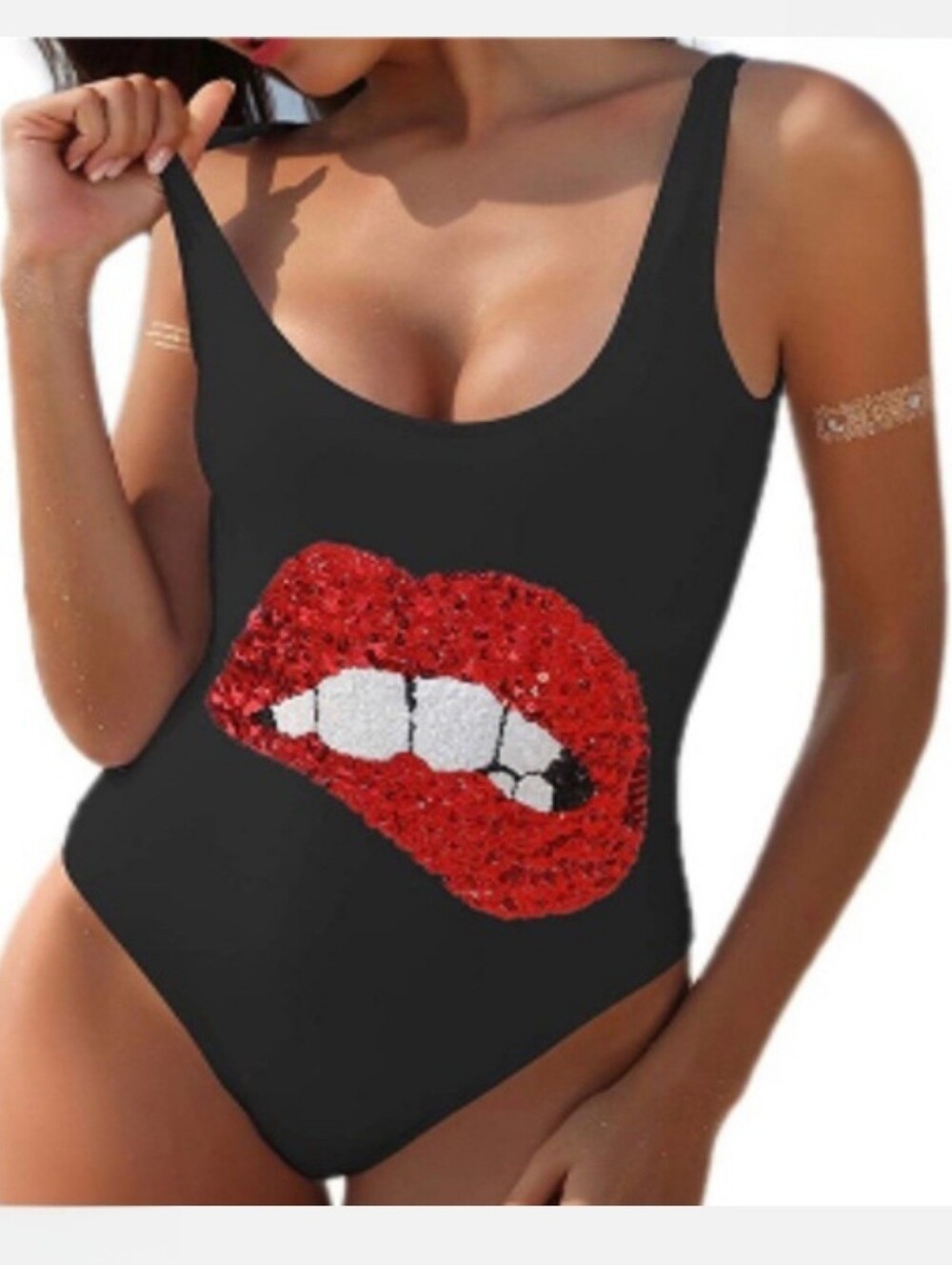 Queen Dream Sequin Lips High Cut Cheeky One Piece Swimsuit Size XL New With Tags